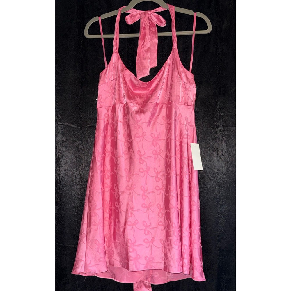 B. Darlin Pink Satin Bow Jacquard Halter Mini Dress Cowl Neck Size‎ 15/16 NWT